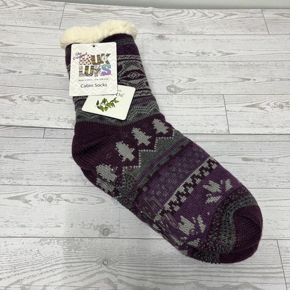 Muk Luks Womens Cabin Socks Purple Fair Isle Jojoba Slipper Socks Hygge Nordic